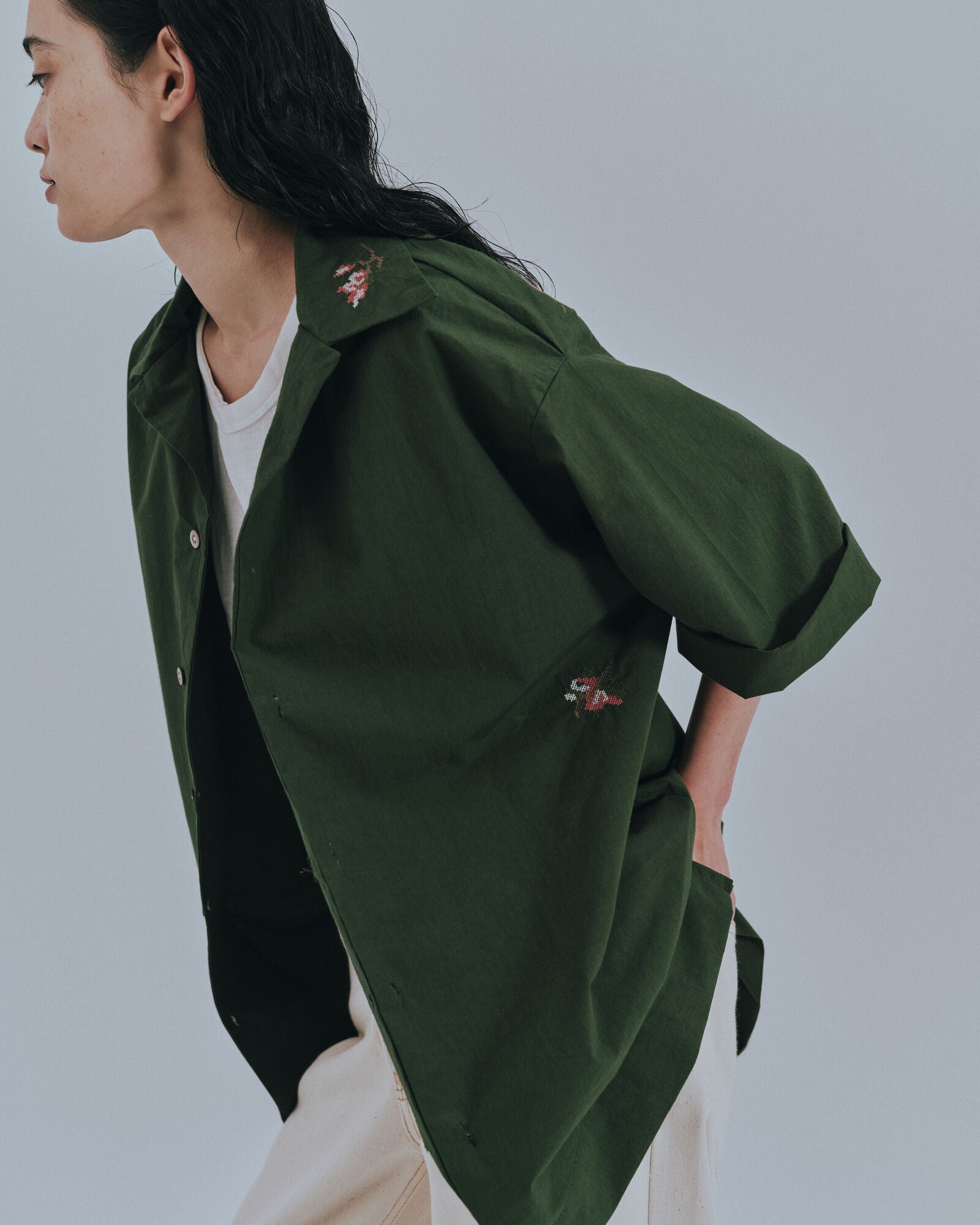 予約販売【27SS】開襟シャツ_刺繍（こぶし） / Open Collar Shirt_Embroidery（Kobushi）